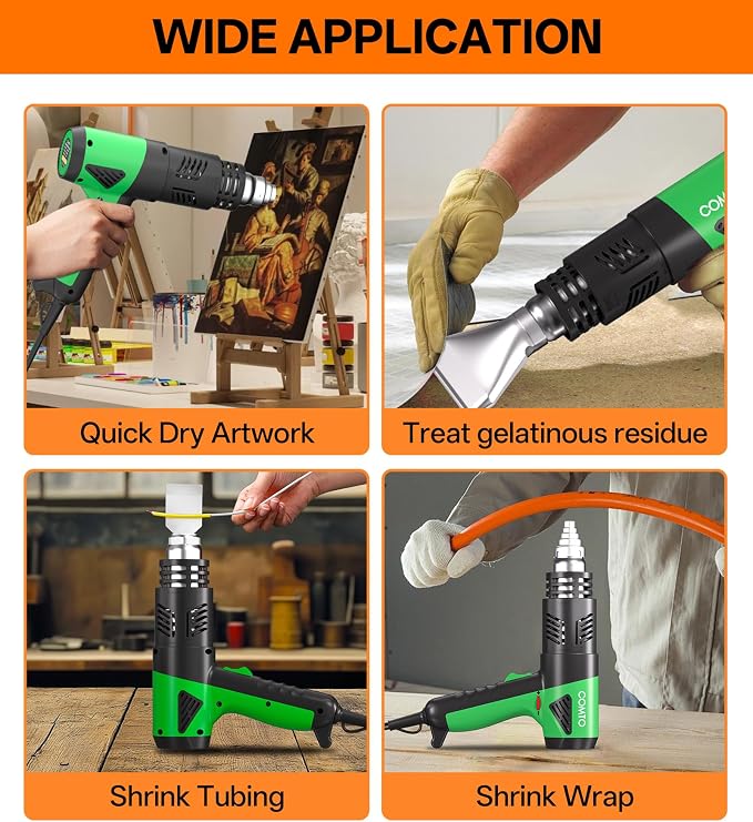 Heat Gun 1800W Fast Heating 122℉-1202℉ Heavy Duty Hot Air Gun Variable Temperature Control Overheat Protection 2 Speed Air Flow with 4 Nozzles for Crafts, Shrinking Tubing, Vinyl Wrap (SG-1004)