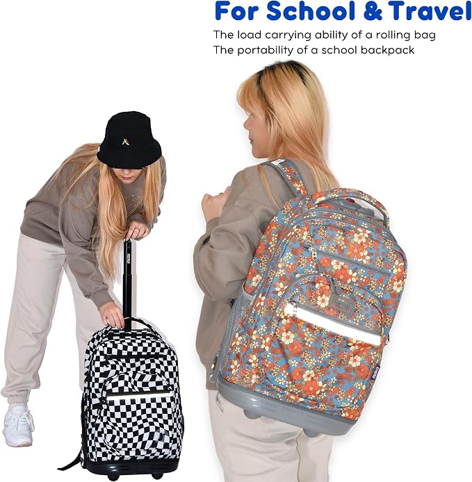 J World Sundance Laptop Rolling Backpack for Girls Boys. Roller Bookbag with Wheels, 20 Inch, Wiggle Coral