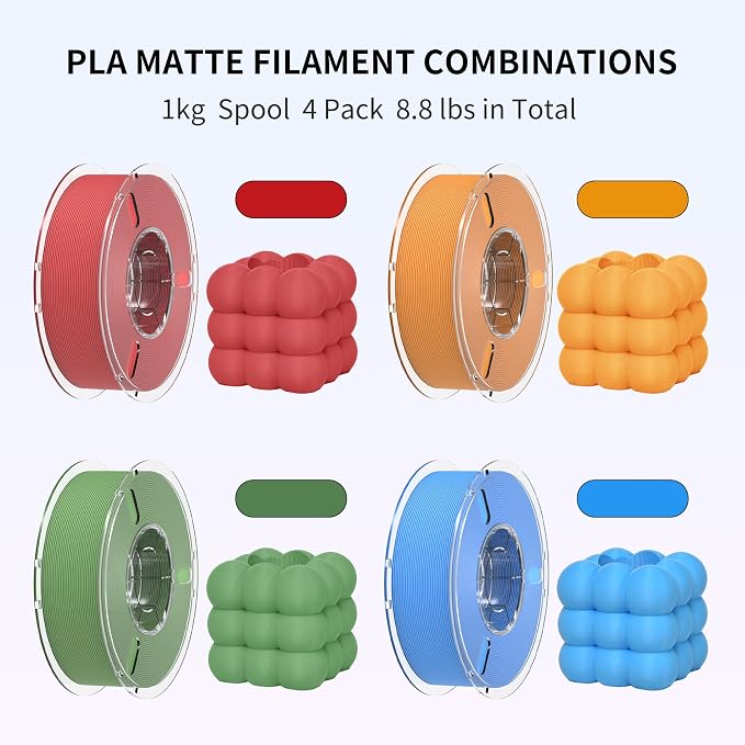 RAMBERY Matte PLA 3D Printer Filament Bundle 4KG, Matte Smooth Finish PLA Filament 1.75mm, Individually Vacuum Packed, 1kg(2.2lb) X4PCS, Red/Orange/Matcha Green/Blue