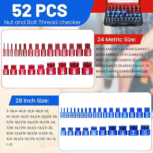 52PCS Thread Checker Kit – SAE & Metric Bolt Thread Checker, Nut & Bolt Size Finder Tool (28 SAE + 24 Metric) – Thread Gauge for Quickly Identifying Screw, Nut, and Bolt Sizes