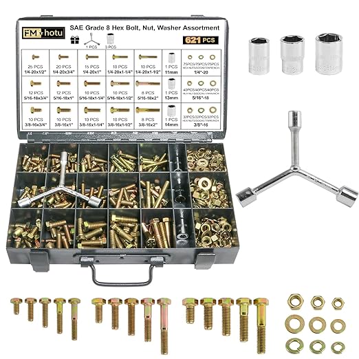 FMhotu 621Pcs Nuts and Bolts Assortment Kit, 15 Sizes Includes 1/4-20 5/16-18 3/8-16, SAE Grade 8 Alloy Steel Hex Cap Screws Nuts Washers with Wrenches Assortment Kit