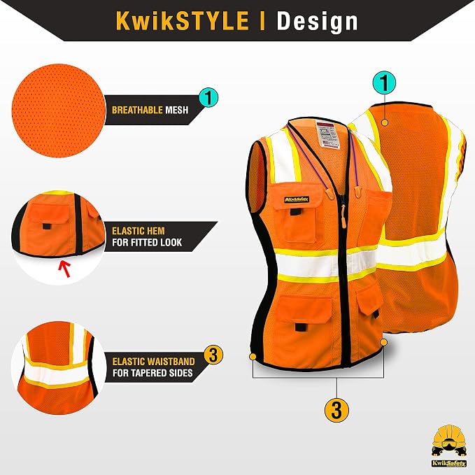 KwikSafety FIRST LADY Safety Vest for Women [Orange, XL] + TORTOISE Full Brim Hard Hat Bundle
