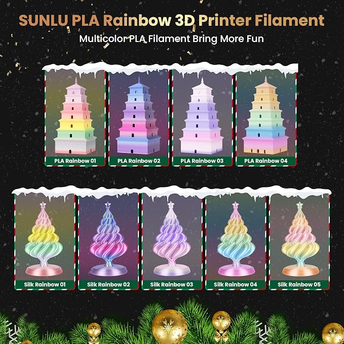 SUNLU Rainbow PLA Filament Bundle 1.75mm, Multicolor 3D Printer Filament, Smooth Color Change, Color Change Each 8 Meters, Suitable for Christmas Decoration, 4kg in Total, 1kg per Spool, 4 Pack