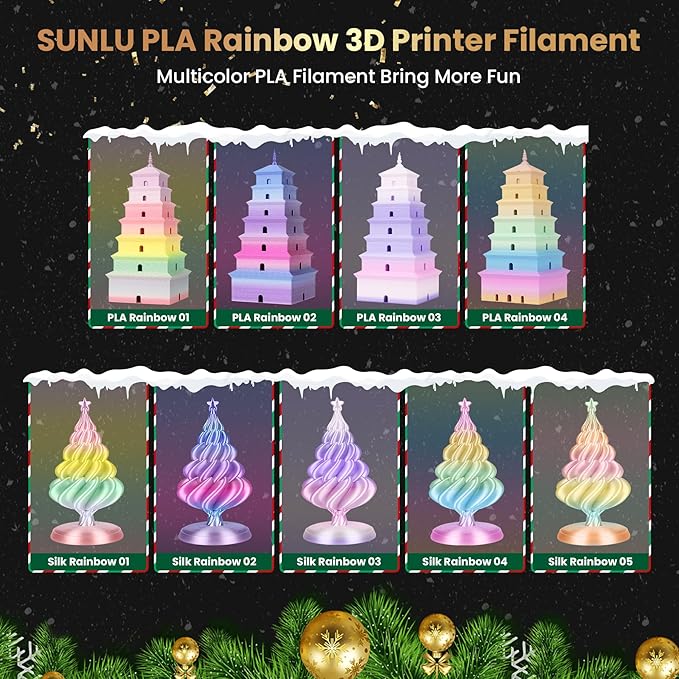 SUNLU PLA Rainbow Filament, Multicolor 3D Printer Filament, Smooth Color Change, Color Change Each 8 Meters, Suitable for Christmas Decoration, 1kg 330 Meters, PLA Rainbow (Red-Cyan-Blue-Purple)
