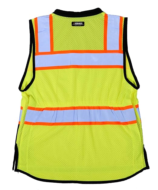 Kishigo Women's High Visibility Reflective Premium Black Series Heavy Duty Surveyors Vest S5021, Zipper Closure, Polyester, ANSI 107 Type R/Class 2, Multiple Pockets for Tools (Lime/Black, M)