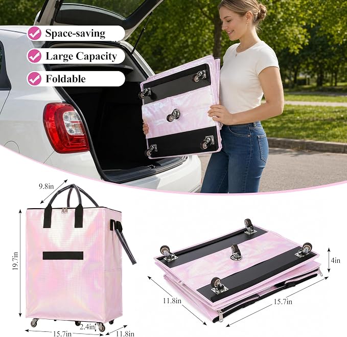 Reusable Grocery Bag on 5 Wheels, Rolling Shopping Bags with Removable Baseboard, Foldable Tote Cart for Groceries, Laundry, Organization, Moving (Pink)