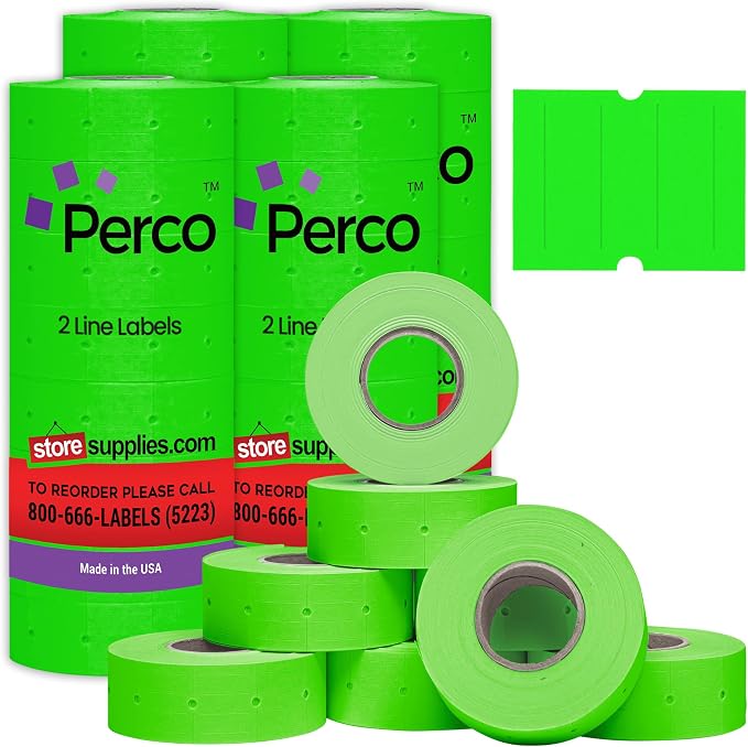 Perco 2 Line Fluorescent Green Labels - 24,000 Blank Price and Date Gun Labels for Perco 2 Line Price and Date Guns - 32 Rolls, 4 Sleeves - Made in USA