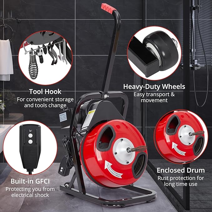 50 FT x 1/2 Inch Drain Cleaning Machine, 250W Powered Sewer Snake Auger with Auto Feed, 4 Replaceable Cutters & Pneumatic Foot Switch, Semi-Enclosed Drum Design, Ideal for 2"–4" Clogged Pipes