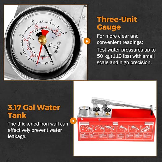 BEAMNOVA Hydrostatic Test Pump 3.17 Gallon Hydraulic Manual Water Pipe Leakage Pressure Tester Kit with Gauge Tank