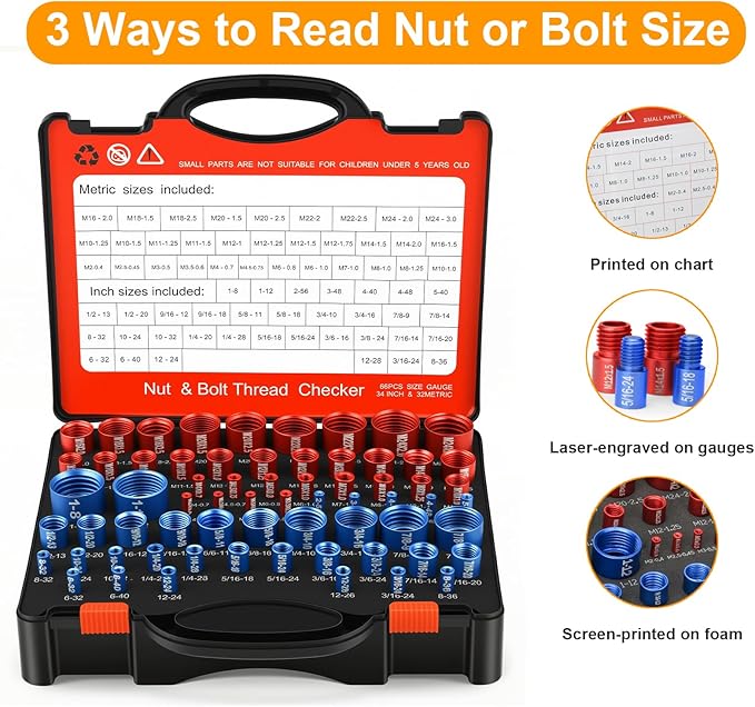 66 Pcs Nut and Bolt Thread Checker - 34 Standard & 32 Metric, Detachable Bolt Size Finder Tool, Screw and Nut Identifier Thread Gauge Especially for Tight Spaces