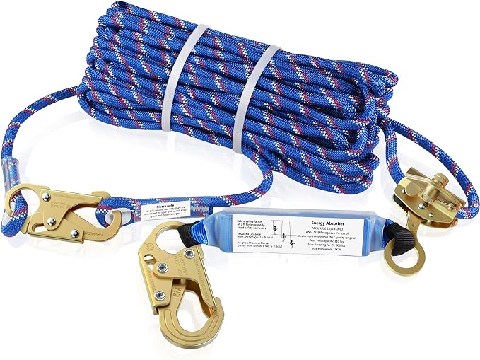 100FT Vertical Lifeline Assembly，Fall Protection Rope with Two Rope Grab Snap Hooks, Shock Absorber，Safety Climbing Equipment Roofing Safety Kit, CE ANSI