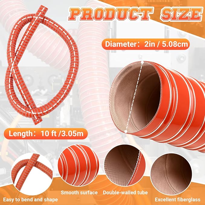Pangda 2" x 10ft Air Duct Hose Cooling Air Ducting, Silicone Flexible Brake Induction Intake Pipe High Heat Brake Exhaust Hose for Dryer System (Red)