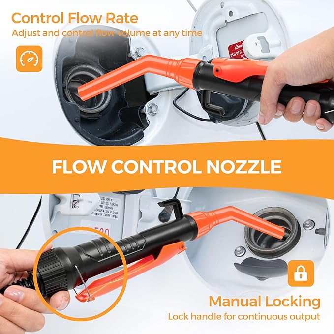 Electric Fuel Transfer Pump, 3GPM Portable Fluid Transfer Siphon Pump with Oil Pipeline, Battery Gas Pumps with Adjustable Flow Control Nozzle for Car/RV(Orange)