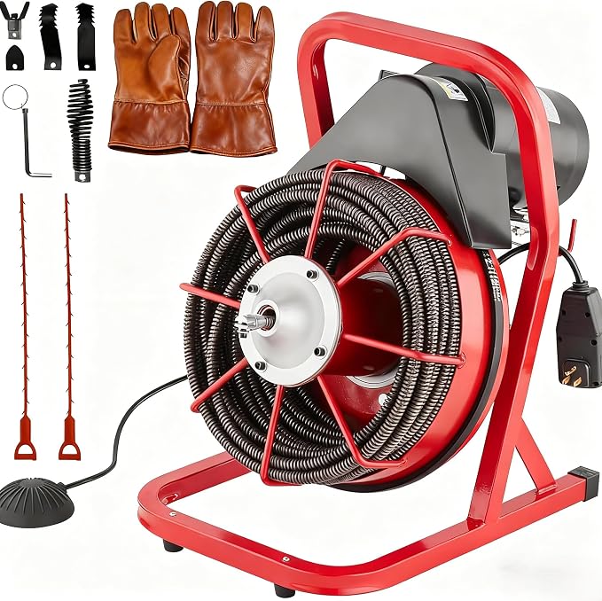 Drain Cleaner Machine, 75FT x 1/2 Inches Electric Drain Snake, 370W Auto Feed Sewer Snake Auger, Sewer Snake with 4 Cutters and Pneumatic Foot Switch, for 1" to 4" Pipes, High Armrests for Sinks