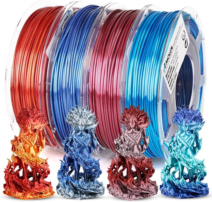 AMOLEN Silk PLA Bundle, 3D Printer Silk Gradient 1.75mm Silk Shiny Filament Bundle Red Gold,Blue Silver, Red Silver,Blue Green, 3D PLA Sets, 200gX 4 Spools