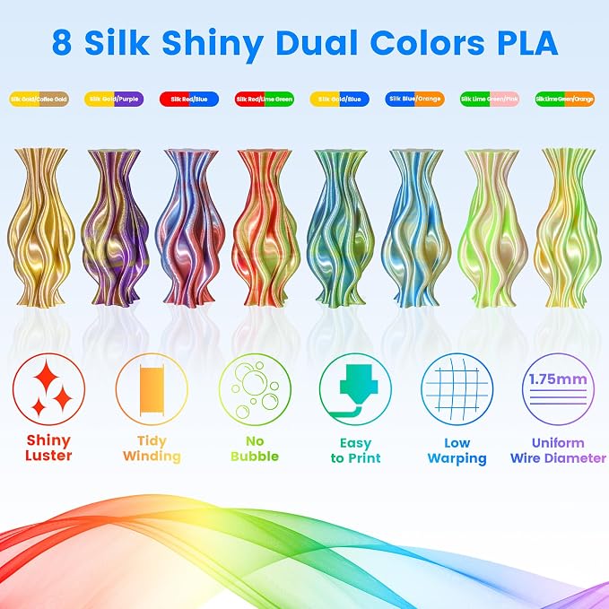 MIKA3D 3D Printing Dual Color in 1 Silk PLA Filament 8 Spools Bundle, 1.75mm Dual Color Shiny Coextrusion PLA Filament, 8 Most Popular Dual Color in 1 PLA Mixed, 0.25kg/Spool, Total 2kg