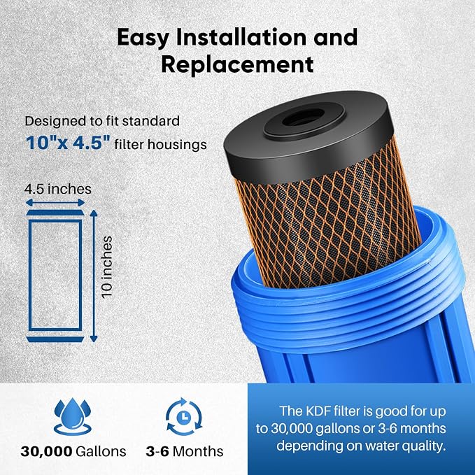 PUREPLUS 1 Micron 10" x 4.5" Whole House Coconut Shell Activated Carbon and KDF Water Filter, Heavy Metal Removal Replacement Water Filter, Compatible with GXWH40L, GXWH35F, BB10, CTO10BB-KDF, 2 PACK
