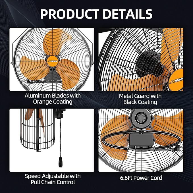 20" Industrial Wall Mount Fan, 4850 CFM High Velocity [Garage, Workshop, Gym] Sealed Motor, 3 Speed Metal Fan, 180° Tilt, Commercial Grade - UL Listed