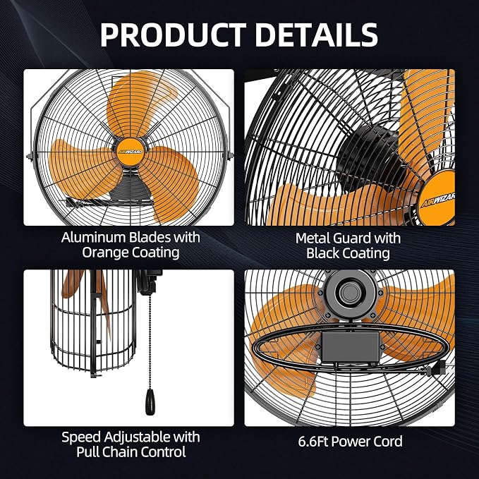 18 inch Industrial Wall-Mount Fan, 4250 CFM High Velocity Metal Commercial Fan, 3 Speed, Adjustable Tilt, for Garage, Greenhouse, Covered Patio, Workshop, Gym Room, Basement