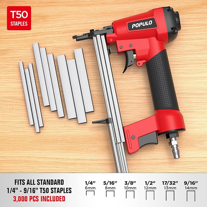POPULO Pneumatic Staple Gun, Air Staple Gun with 3000 Staples and Safety Glasses, T50 Stapler for Upholstery, Woodworking, DIY, or Material Repair (Air Compressor Not Included)