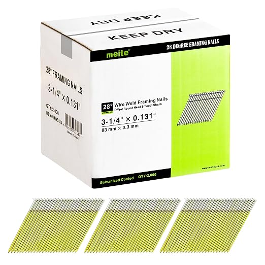 meite 28 Degree Framing Nails 3-1/4"x.131 Galvanzied Wire Weld 2,000PCS | Offset Full Round Head Smooth Shank, Rust-proof, Fits Pneumatic Cordless Framing Nailers Gun, Structural Framing Subflooring