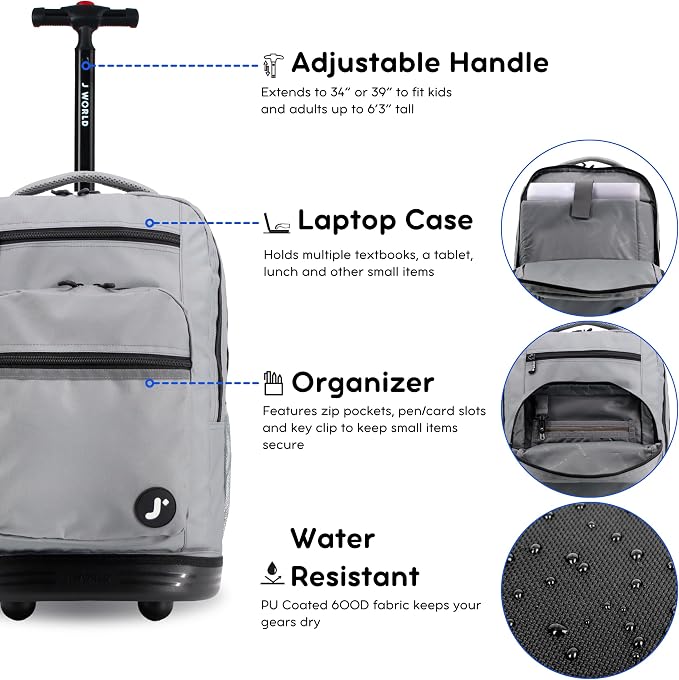 J World Sundance Laptop Rolling Backpack for Girls Boys. Roller Bookbag with Wheels, 20 Inch, Grey