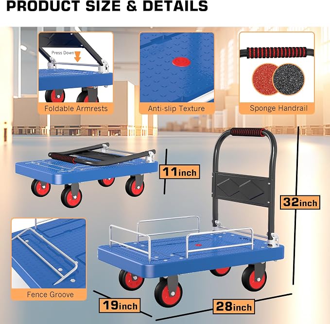 Platform Truck Cart with 3 Fence, 28"x19" Flatbed, 1100lbs Capacity Heavy-Duty Foldable Push Dolly Cart with Swivel Wheels, Foldable & Portable for Groceries, Garage,Home,Office Use, Blue
