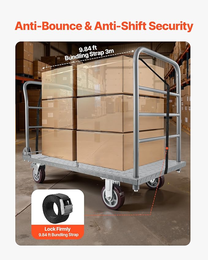 VEVOR 2 in 1Platform Truck, 2650 LBS Heavy Duty Flatbed Cart Dolly with Detachable Rear Guardrail and Swivel Wheels, Foldable Hand Push Truck Cart for Groceries, Garage, Warehouse (48"×24")