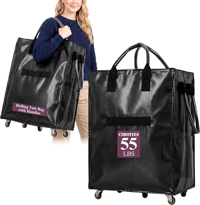 Reusable Grocery Bag on 5 Wheels, Rolling Shopping Bags with Removable Baseboard, Foldable Tote Cart for Groceries, Laundry, Organization, Moving (Black)