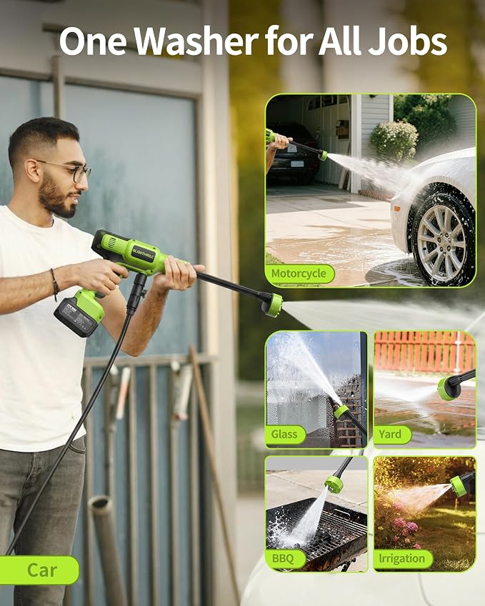 Cordless Portable Washer, 1100 PSI Battery Operated Washer with All-Copper Motor, Battery, 23FT Hose, Storage Bag; Handheld Washer; Lightweight Car Washer for Home, Garden (Lime Green)