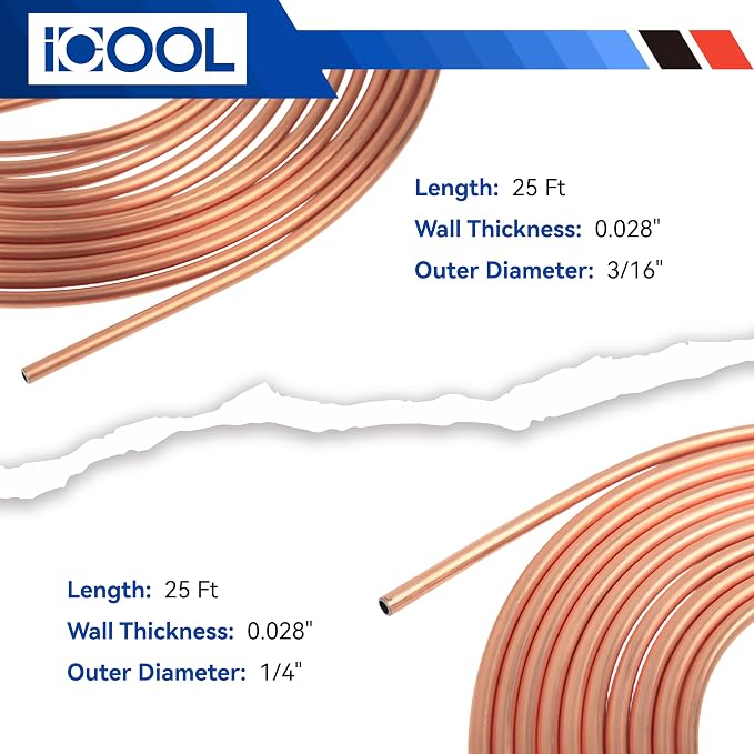 ICOOL 25 ft 3/16" and 1/4" Copper-Plated Brake Line Flaring Tool Kit with 20 Fittings and 4 Unions Brake Line Fittings, Brake Line Kit with Tube Bender and Reamer