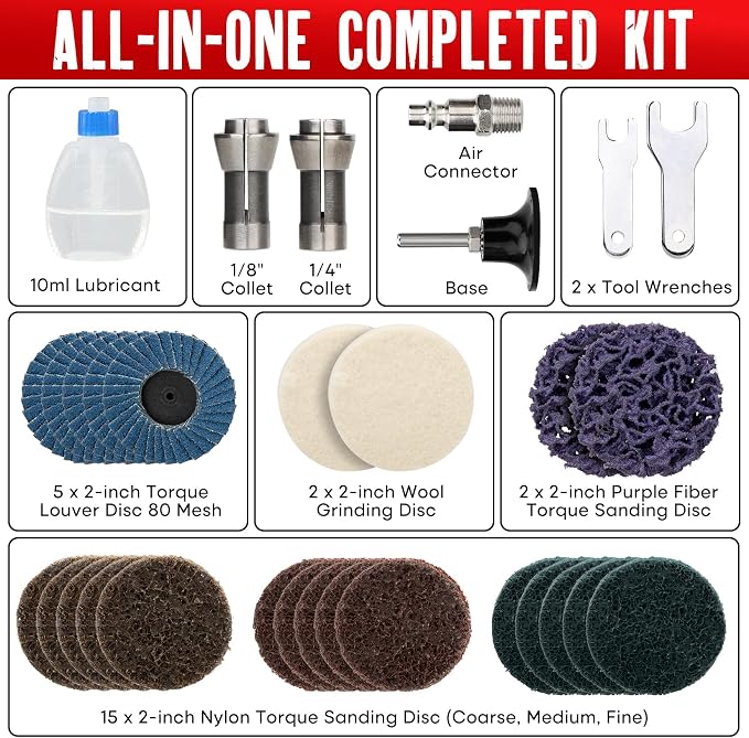 SHALL Right Angle Die Grinder, 90 Degree, 1/4" & 1/8" Collets, 24PCS Sanding Discs, Air Connector, Lubricant and Chuck Key Included, for Grinding, Polishing, Deburring, Engraving and Rust Removal