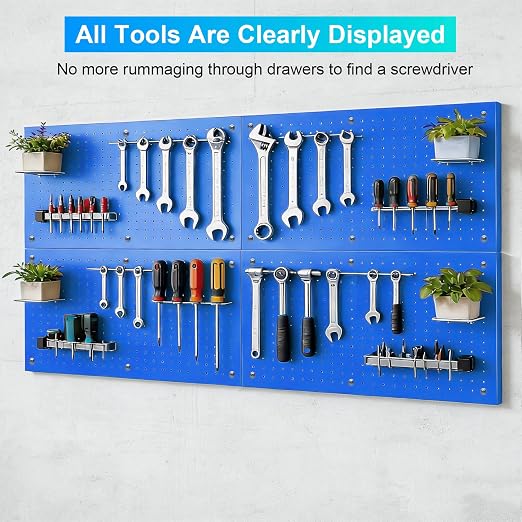 Metal Peg Board Panels 4 Pack, 24" x 12", Black, Blue | Heavy Duty Rust-Proof Wall Board Panels, Sturdy Steel Storage Pegboard for Garage, Workshop & Craft Room Organizer