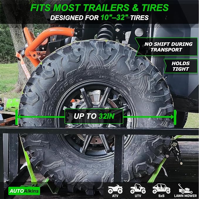 Wheel Chock Tie Down Kit, 4,400lb Break Strength — 4 Heavy Duty E-Track Tire Ratchet Straps & 8 Steel Wheel Chocks, Complete Trailer Tie Down System for ATV, UTV, Lawn Mower & SxS (Green)