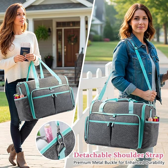 AMOIGEE Full-Open Sewing Machine Case, Large Sewing Machine Storage Bag for Travel - Heavy-Duty Embroidery Tote for Brother Singer Janome Standard Machines Holder with Pocket for Accessories and Tools