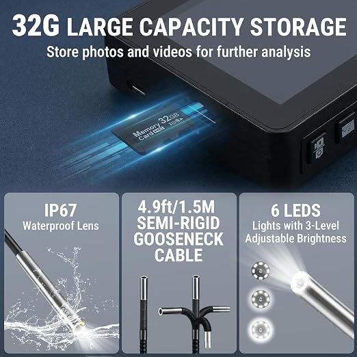 360° Articulating Borescope Camera, 6.2mm Borescope Endoscope with 5" IPS Screen, 1080P HD, 4.9FT Gooseneck Cable, IP67 Waterproof Snake Cameras with 6 Lights for Automotive, Plumbing