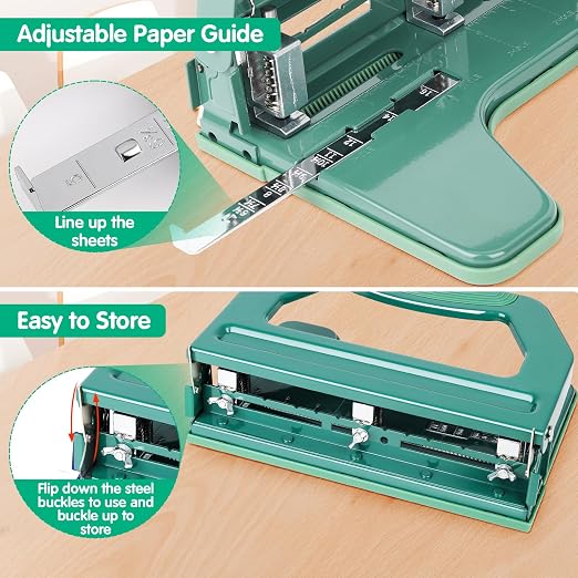AFMAT 3 Hole Punch Heavy Duty, 9/32" Holes, 50-Sheet Hole Puncher 3 Ring, 50% Reduced Effort, Adjustable Two & Three Hole Punch, Metal Paper Puncher w/Large Chip Tray, Metal Paper Guide, Green, HP18