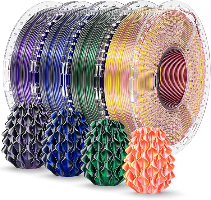 SUNLU Silk PLA+ Filament 1.75mm Multicolor 250gx4, Silky Glossy PLA Plus 3D Printer Filament Bundle for Bambu Lab 3D Printers, BlackPurple+Blackgreen+BlackBlue+PinkGold