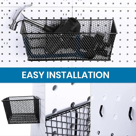 Sieral 4 Pcs Black Pegboard Baskets Metal Wire Shelf Baskets Peg Board Organizer Accessories Wall Mount Organizer Attachments for Garage Workbench Various Tool Accessories, 2 Sizes (Small, Medium)