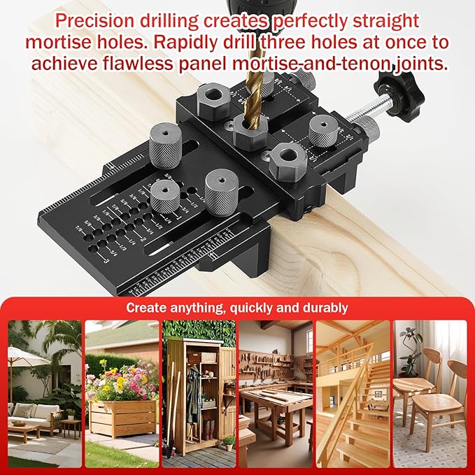 Woodworking Dowel Jig Kit, Precision Drill Guide with 1/4 3/8 1/2 Inch Bushings & Drill Bits, Adjustable Doweling Jig for Straight Holes, Quick Clamp System for Furniture Cabinet DIY Wood Joints