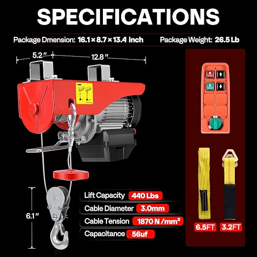 VIVOHOME Electric Hoist, 110V 440 Lbs Winch with Wireless Remote Control, Zinc-Plated Steel Wire Hoist for Garage, Warehouses, Factories 38ft Lifting Height with Emergency Stop Switch ETL Listed