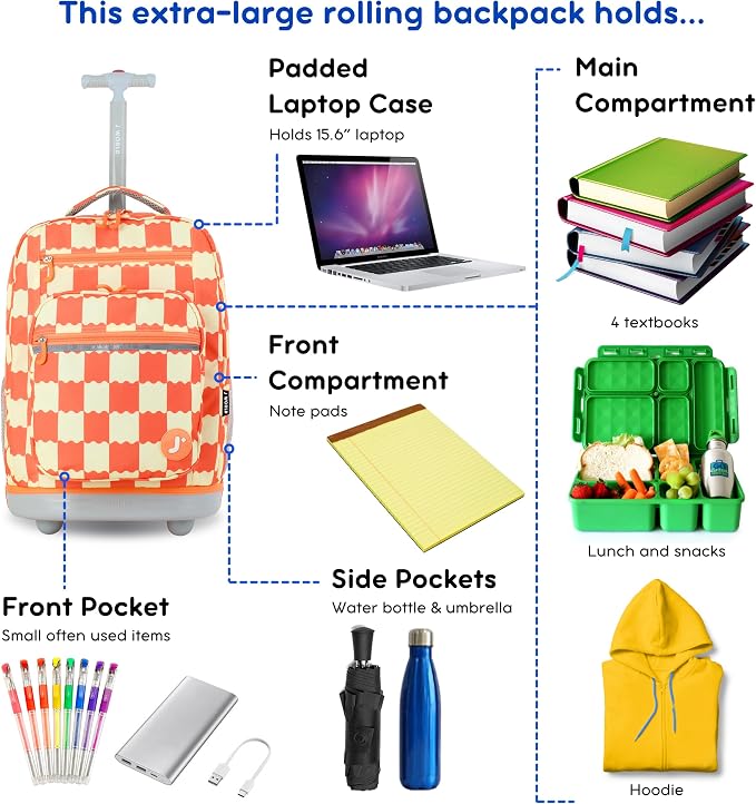 J World Sundance Laptop Rolling Backpack for Girls Boys. Roller Bookbag with Wheels, 20 Inch, Wiggle Coral