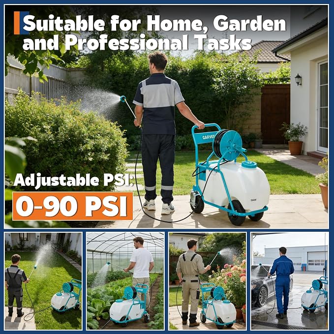 Garvee 24 Gallons Battery Powered Sprayer with Wheeled Cart, 12V 12Ah Electric Sprayer with 6 Nozzles & 2 Wands, 5-6 Hour Runtime, 90PSI Adjustable Pressure, Trigger Lock, Yard Sprayers for Lawn