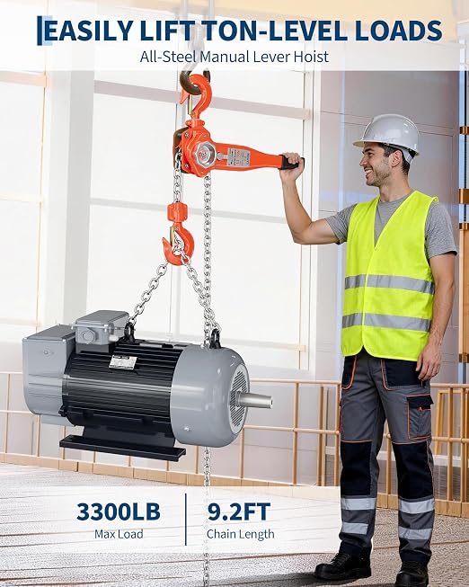 1.5 Ton (3300 LBS) Manual Lever Chain Hoist, 10 ft Heavy Duty G80 Galvanized Steel Come Along with Double-Pawl Brake & 360° Rotating Hooks for Garage Warehouse Construction Factory