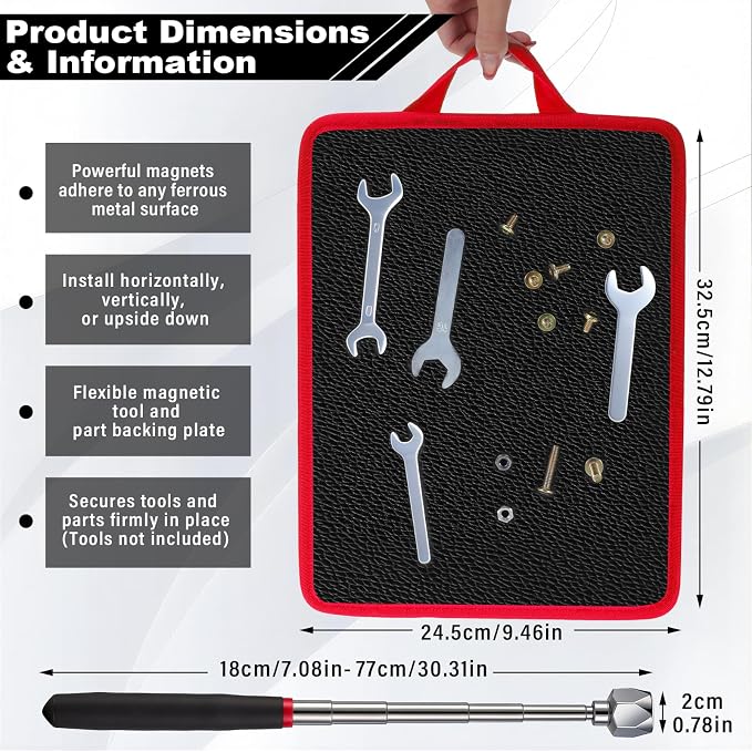 Flexible Magnetic Tool Mat with handles, 12.8" x9.5" Non-Slip Magnetic Tool Organizer & &Telescoping Magnetic Tool, Magnetic Tool Mat for Mechanics, Garage, Workshop & Auto Repair(Red)