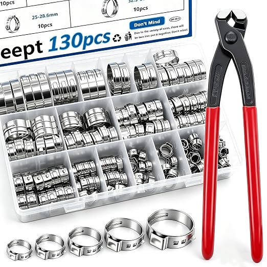 130Pcs 12-Sizes 304 Stainless Steel Single Ear Hose Clamps with Ear clamp plier 6-36.1mm Crimp Hose Clamps Assortment Kit for Auto/Home Appliance/Pipe/Fuel Line Stepless hose clamp with pincer