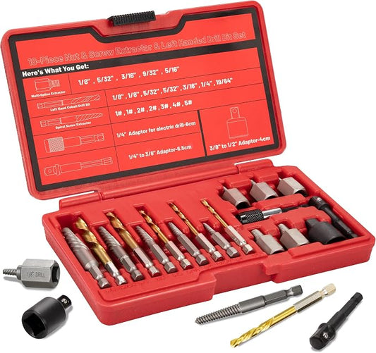 22Pcs Screw Extractor Set, Left Hand Drill Bit Set 6542/4341 HSS, Easy Out Bolt Extractor Set with Hex Adapter, Multi-Spline Stripped Bolt Remover for Broken Rusted Nuts Screws, Bolts, Studs