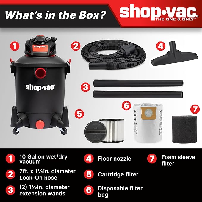Shop-Vac 5761011 10 Gallon Wet/Dry Shop Vacuum, 4.5 Peak HP, 1.5 Inch Diameter x 7 Foot Hose, 12 Foot Cord, Ideal for Home, Garage, and Workshop Cleaning