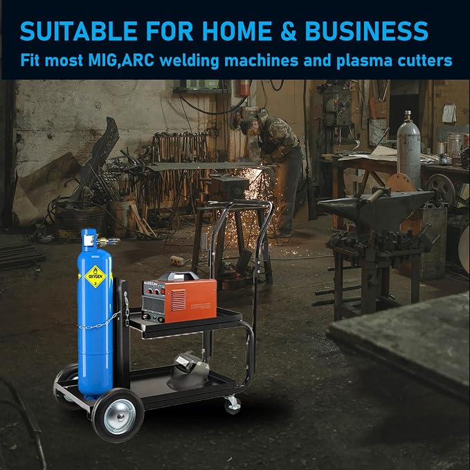 Welding Cart, MIG TIG ARC Welder Cart w/Upgraded Handle, Galvanized Casters,175lbs Capacity Portable Welding Tank cart, Plasma Cutting Machine, Larger Running Gear with Cylinder Rack