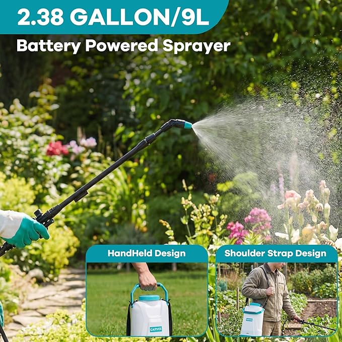 2.38 Gallon Battery Powered Sprayer with Adjustable Shoulder Strap, 0-60 PSI Adjustable Pressure, Electric Sprayer with 1 Nozzles and 1 Wands, 12V 2Ah Battery, Wide Mouth Lid for Weeding, Spraying
